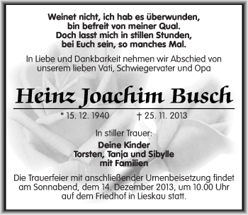 Traueranzeige von Heinz Joachim Busch von Mitteldeutsche Zeitung Halle/Saalkreis