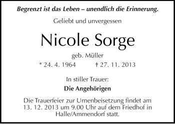 Traueranzeige von Nicole Sorge von Mitteldeutsche Zeitung Halle/Saalkreis