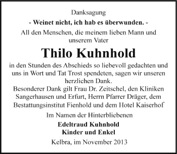 Traueranzeige von Thilo Kuhnhold von Mitteldeutsche Zeitung Sangerhausen