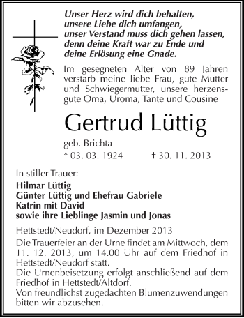 Traueranzeige von Gertrud Lüttig von Mitteldeutsche Zeitung Mansfelder Land