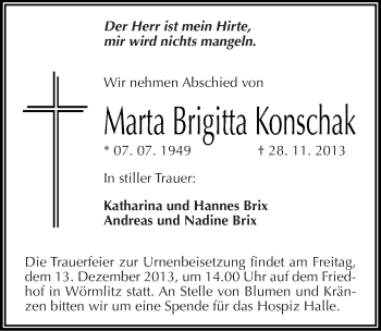 Traueranzeige von Marta Brigitta Konschak von Mitteldeutsche Zeitung Halle/Saalkreis