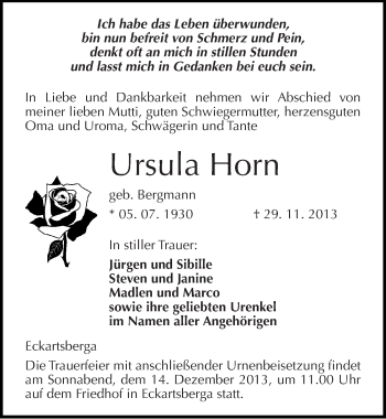 Traueranzeige von Ursula Horn von Mitteldeutsche Zeitung Naumburg/Nebra