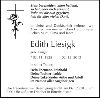 Traueranzeige von Edith Liesigk von Mitteldeutsche Zeitung Bitterfeld