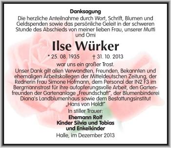 Traueranzeige von Ilse Würker von Mitteldeutsche Zeitung Halle/Saalkreis