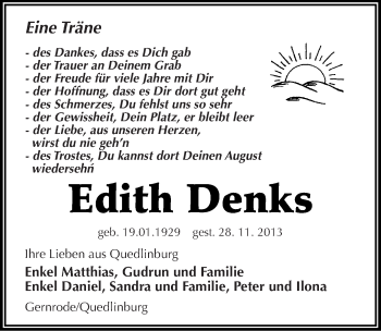 Traueranzeige von Edith Denks von Mitteldeutsche Zeitung Quedlinburg