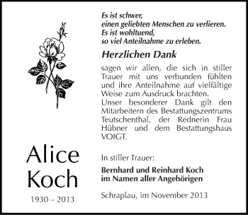 Traueranzeige von Alice Koch von Mitteldeutsche Zeitung Merseburg/Querfurt