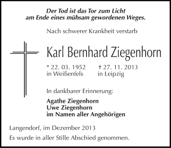 Traueranzeige von Karl Bernhard Ziegenhorn von Mitteldeutsche Zeitung Weißenfels