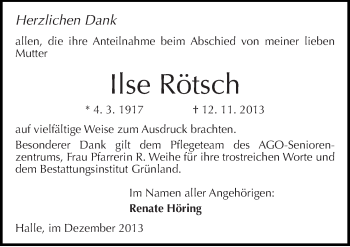 Traueranzeige von Ilse Rötsch von Mitteldeutsche Zeitung Halle/Saalkreis