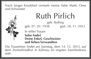 Traueranzeige von Ruth Pirlich von Mitteldeutsche Zeitung Dessau-Roßlau