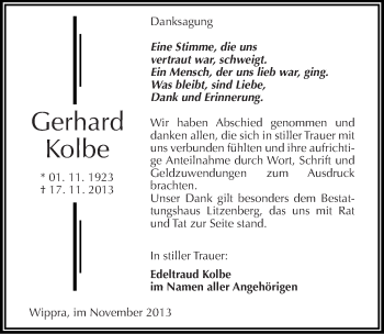 Traueranzeige von Gerhard Kolbe von Mitteldeutsche Zeitung Mansfelder Land