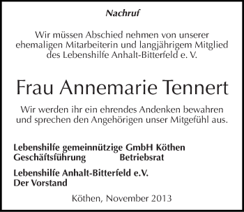 Traueranzeige von Annemarie Tennert von Mitteldeutsche Zeitung Köthen