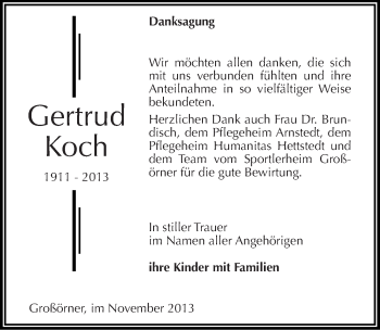 Traueranzeige von Gertrud Koch von Mitteldeutsche Zeitung Mansfelder Land
