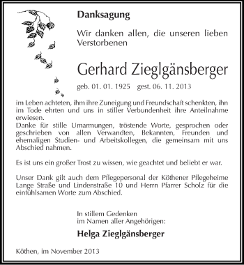 Traueranzeige von Gerhard Zieglgänsberger von Mitteldeutsche Zeitung Köthen