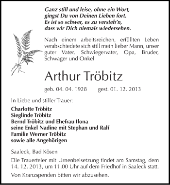 Traueranzeige von Arthur Tröbitz von Mitteldeutsche Zeitung Naumburg/Nebra