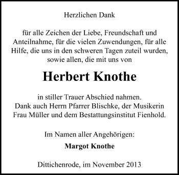 Traueranzeige von Herbert Knothe von Mitteldeutsche Zeitung Sangerhausen