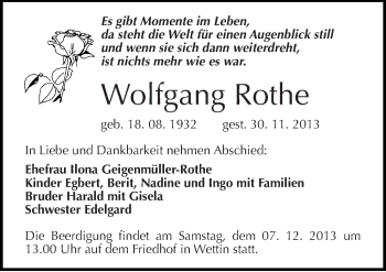 Traueranzeige von Wolfgang Rothe von Mitteldeutsche Zeitung Halle/Saalkreis