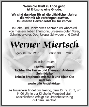 Traueranzeige von Werner Miertsch von Mitteldeutsche Zeitung Köthen