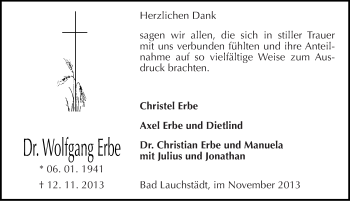 Traueranzeige von Wolfgang Erbe von Mitteldeutsche Zeitung