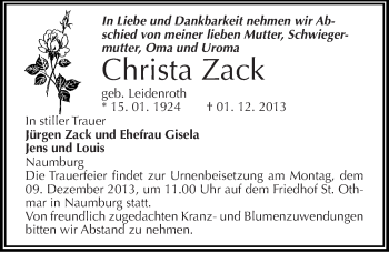 Traueranzeige von Christa Zack von Mitteldeutsche Zeitung Naumburg/Nebra