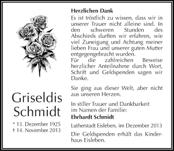 Traueranzeige von Griseldis Schmidt von Mitteldeutsche Zeitung Mansfelder Land