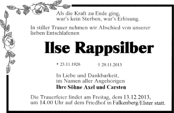 Traueranzeige von Ilse Rappsilber von Mitteldeutsche Zeitung Köthen