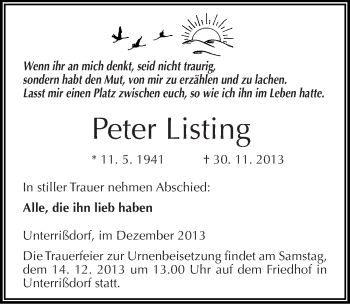 Traueranzeige von Peter Listing von Mitteldeutsche Zeitung Mansfelder Land