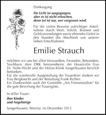 Traueranzeige von Emilie Strauch von Mitteldeutsche Zeitung Sangerhausen