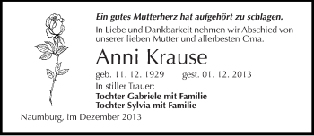 Traueranzeige von Anni Krause von Mitteldeutsche Zeitung Naumburg/Nebra