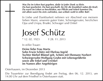 Traueranzeige von Josef Schütz von Mitteldeutsche Zeitung Mansfelder Land