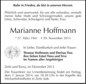 Traueranzeige von Marianne Hoffmann von Mitteldeutsche Zeitung Zeitz