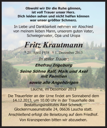 Traueranzeige von Fritz Krautmann von Mitteldeutsche Zeitung Naumburg/Nebra