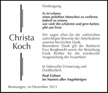 Traueranzeige von Christa Koch von Mitteldeutsche Zeitung Sangerhausen