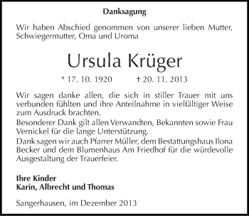 Traueranzeige von Ursula Krüger von Mitteldeutsche Zeitung Sangerhausen