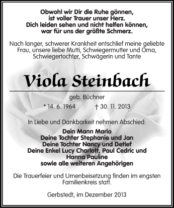 Traueranzeige von Viola Steinbach von Mitteldeutsche Zeitung Mansfelder Land