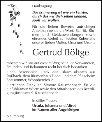 Traueranzeige von Gertrud Böltge von Mitteldeutsche Zeitung Naumburg/Nebra