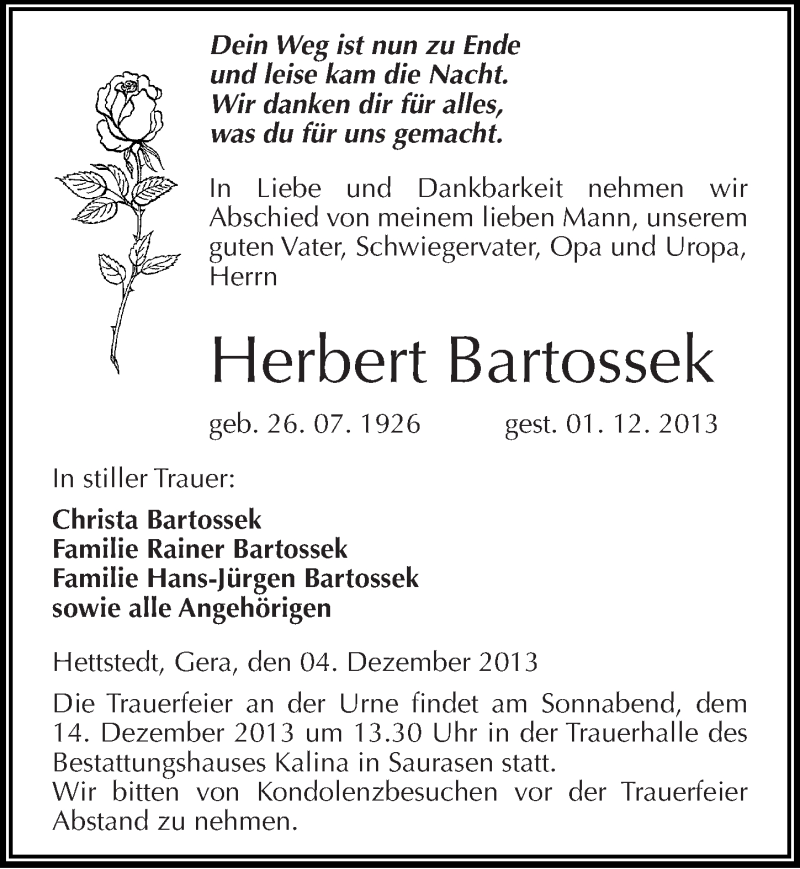  Traueranzeige für Herbert Bartossek vom 04.12.2013 aus Mitteldeutsche Zeitung Mansfelder Land