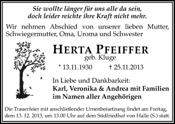 Traueranzeige von Herta Pfeiffer von Mitteldeutsche Zeitung Halle/Saalkreis