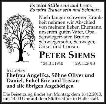 Traueranzeige von Peter Siems von Mitteldeutsche Zeitung Halle/Saalkreis