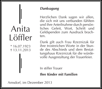 Traueranzeige von Anita Löffler von Mitteldeutsche Zeitung Mansfelder Land