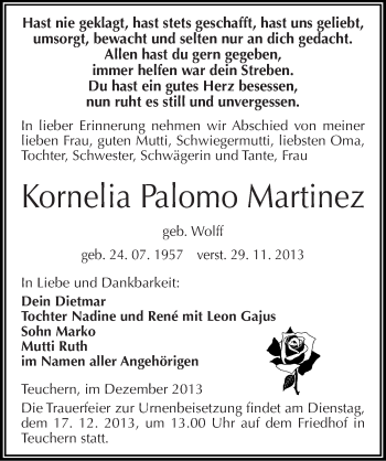Traueranzeige von Kornelia Palomo Martinez von Mitteldeutsche Zeitung Weißenfels