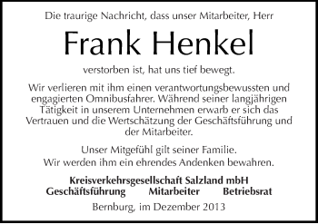 Traueranzeige von Frank Henkel von Mitteldeutsche Zeitung Aschersleben
