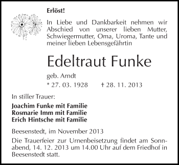 Traueranzeige von Edeltraut Funke von Mitteldeutsche Zeitung Halle/Saalkreis