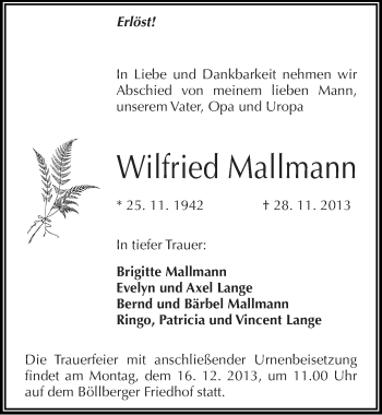 Traueranzeige von Wilfried Mallmann von Mitteldeutsche Zeitung Halle/Saalkreis