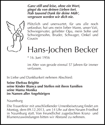 Traueranzeige von Hans-Jochen Becker von Mitteldeutsche Zeitung Naumburg/Nebra