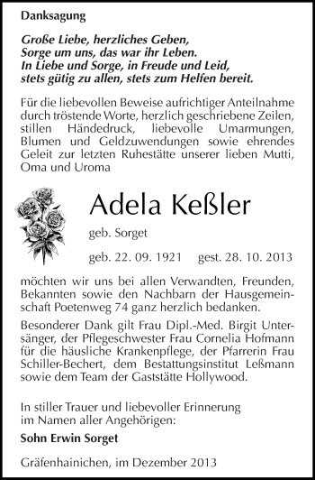Traueranzeige von Adela Keßler von Mitteldeutsche Zeitung Wittenberg