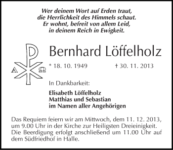 Traueranzeige von Bernhard Löffelholz von Mitteldeutsche Zeitung Halle/Saalkreis