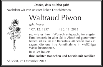 Traueranzeige von Waltraud Piwon von Mitteldeutsche Zeitung Mansfelder Land