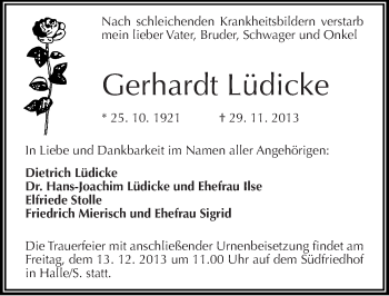 Traueranzeige von Gerhardt Lüdicke von Mitteldeutsche Zeitung Halle/Saalkreis