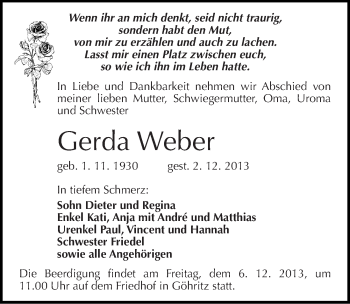 Traueranzeige von Gerda Weber von Mitteldeutsche Zeitung Merseburg/Querfurt