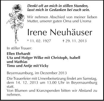 Traueranzeige von Irene Neuhäuser von Mitteldeutsche Zeitung Sangerhausen